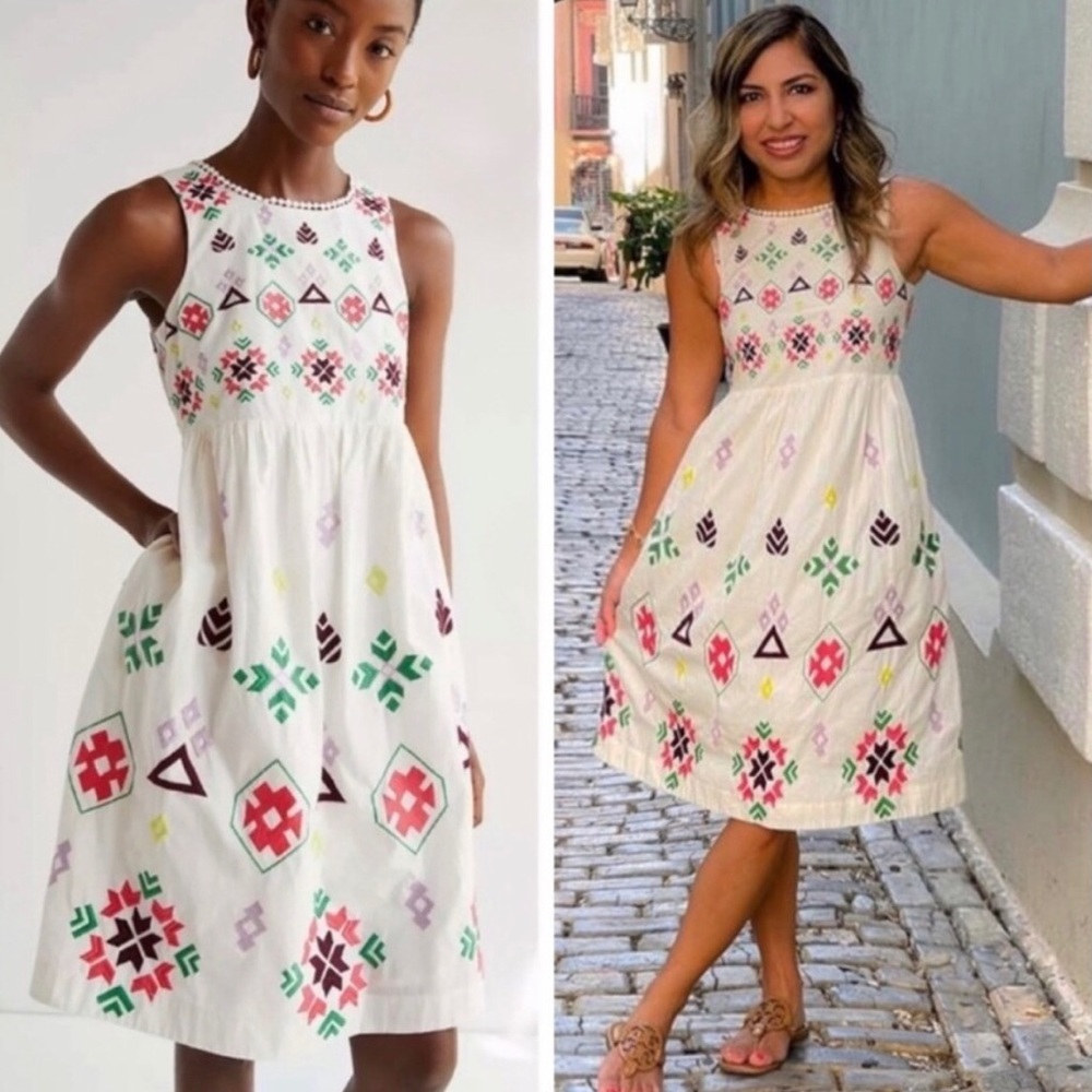 - - Anthropogie white dress embroidered  Aztec design fit& flare sleeveles…